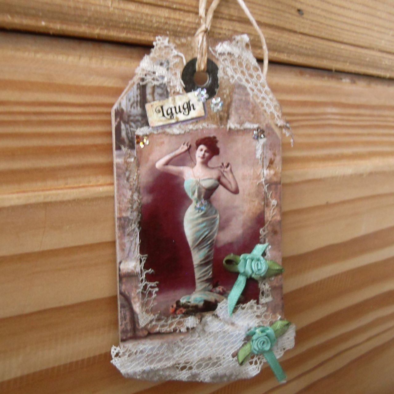 Gift Art Tag Mixed Media Collage Grungy Vintage Inspired Inspirational Bookmark - Laugh