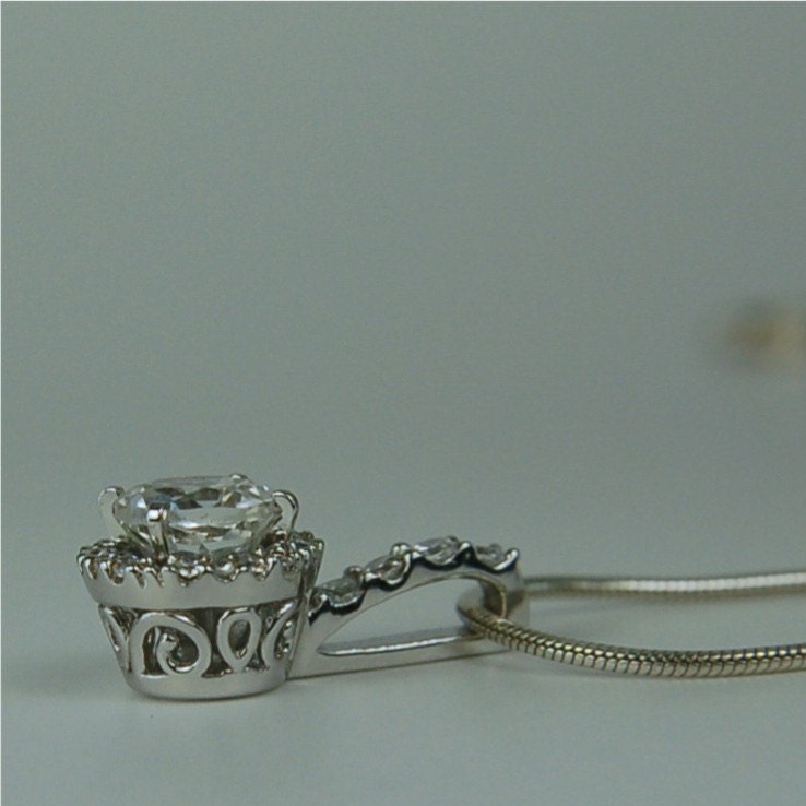 White Topaz Necklace Sterling Silver 6mm Round 1ct Surrounded By A Halo of CZ's