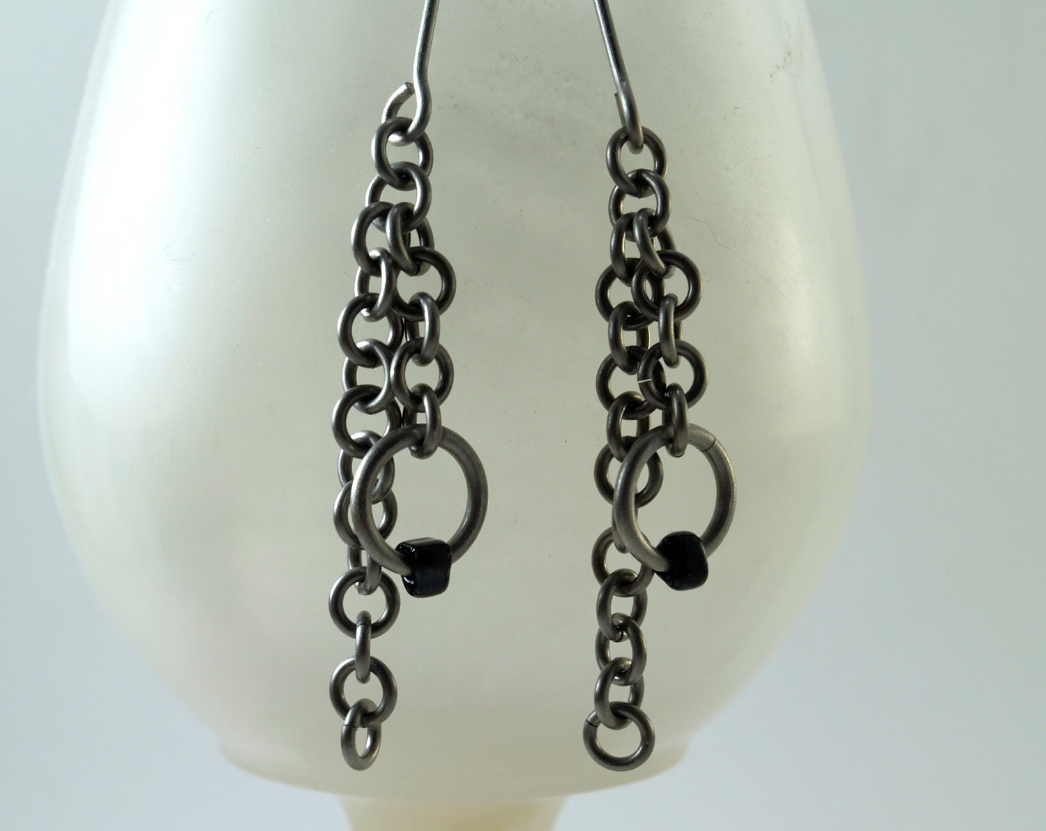 Titanium Chain Earrings with Czech Black Glass