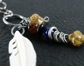 Stainless Steel Random Chain Adjustable Lariat with Bone Feather Amber and Lapis Necklace Medium