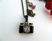 Rhinestone Camera Locket, Black Enamel Locket, Bronze Butterfly Charm, Czech Glass, Vintage Brozne