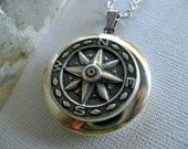 Silver Compass Locket Necklace - Antique Silver Compass - Photo Locket - Silver Cable Chain - Sale