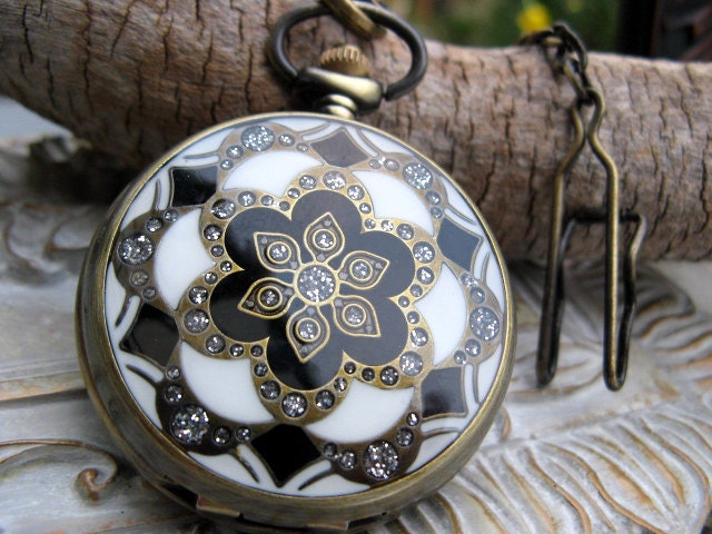 Antique Bronze Rhinestone Pocket Watch, Vintage Pocket Watch Chain, Swarovski Crystals