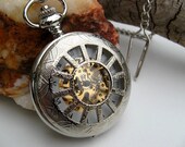 Silver Pocket Watch, Victorian Mechanical Pocket Watch, Pocket Watch Chain, Groomsmen, Men, Best Man - Item MPW163