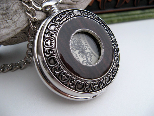 Pocket Watch, Silver and Wood Timeless Fashion Mechanical Pocket Watch, Pocket Watch Chain - Watch - Groom - Item MPW255