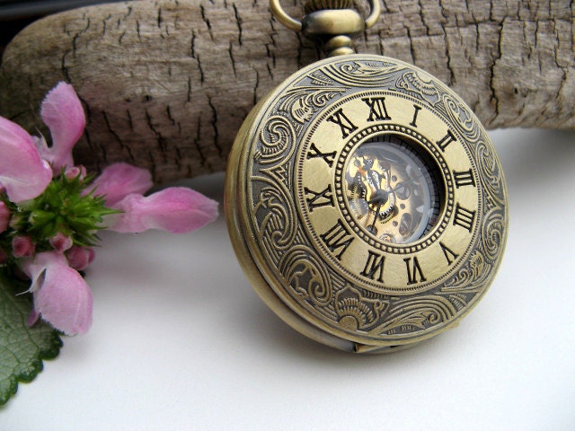 Men's Pocket Watch Antique Bronze Arabic Mechanical, Watch Chain - Groomsmen - Best Man - Steampunk Victorian Era - Watch - Item MPW641