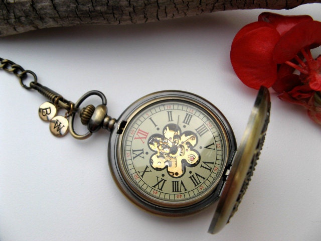 Personalized Bronze Mechanical Pocket Watch, Pocket Watch Chain - 2 Bronze Letter Charms - Groomsmen Gift - Item MPW662-SBCC