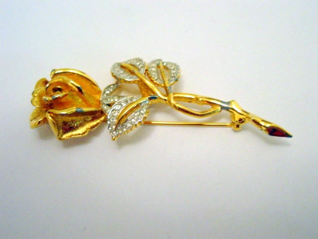 ON SALE Vintage Designer Pin, Signed D'orlan Brooch Rhinestone Rose Flower Pin, Vintage Jewelry Signed Costume Jewellery