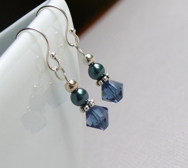 Sterling Silver and Montana Blue Crystals and Pearls -  Victoria Earrings