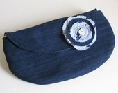 DENIM CLUTCH - bridesmaid clutch - recycled clutch - denim clutch -  BONUS flower brooch