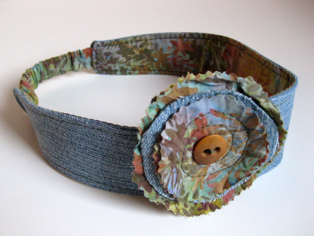 FLORAL HEADBAND - reversible headband - recycled jean headband - BONUS flower clip