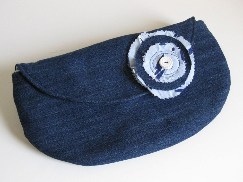 DENIM CLUTCH - bridesmaid clutch - recycled clutch - denim clutch - BONUS flower brooch