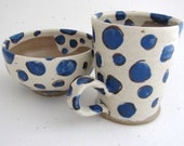 SALE Polka Dot Coffee Mug Bowl Set Handmade Stoneware Blue Polka Dots Muddy Paws Pottery