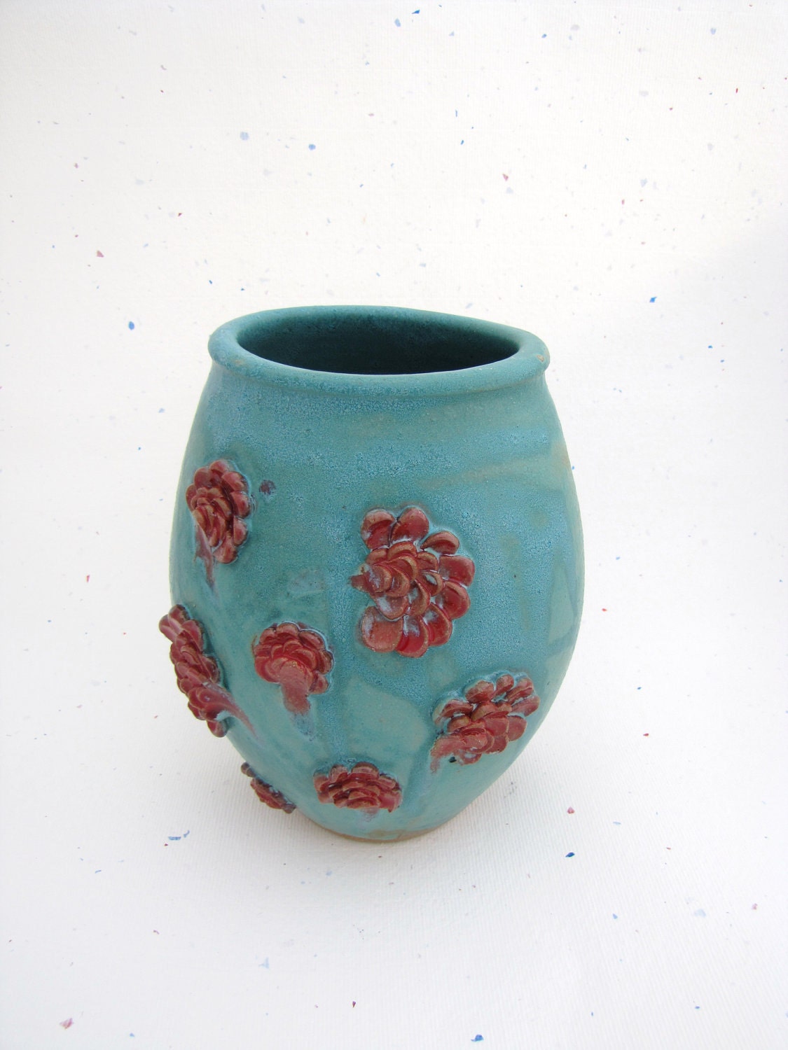 Vase Red Flowers Oval Turquoise and Red Stoneware Handmade Muddy Paws Pottery