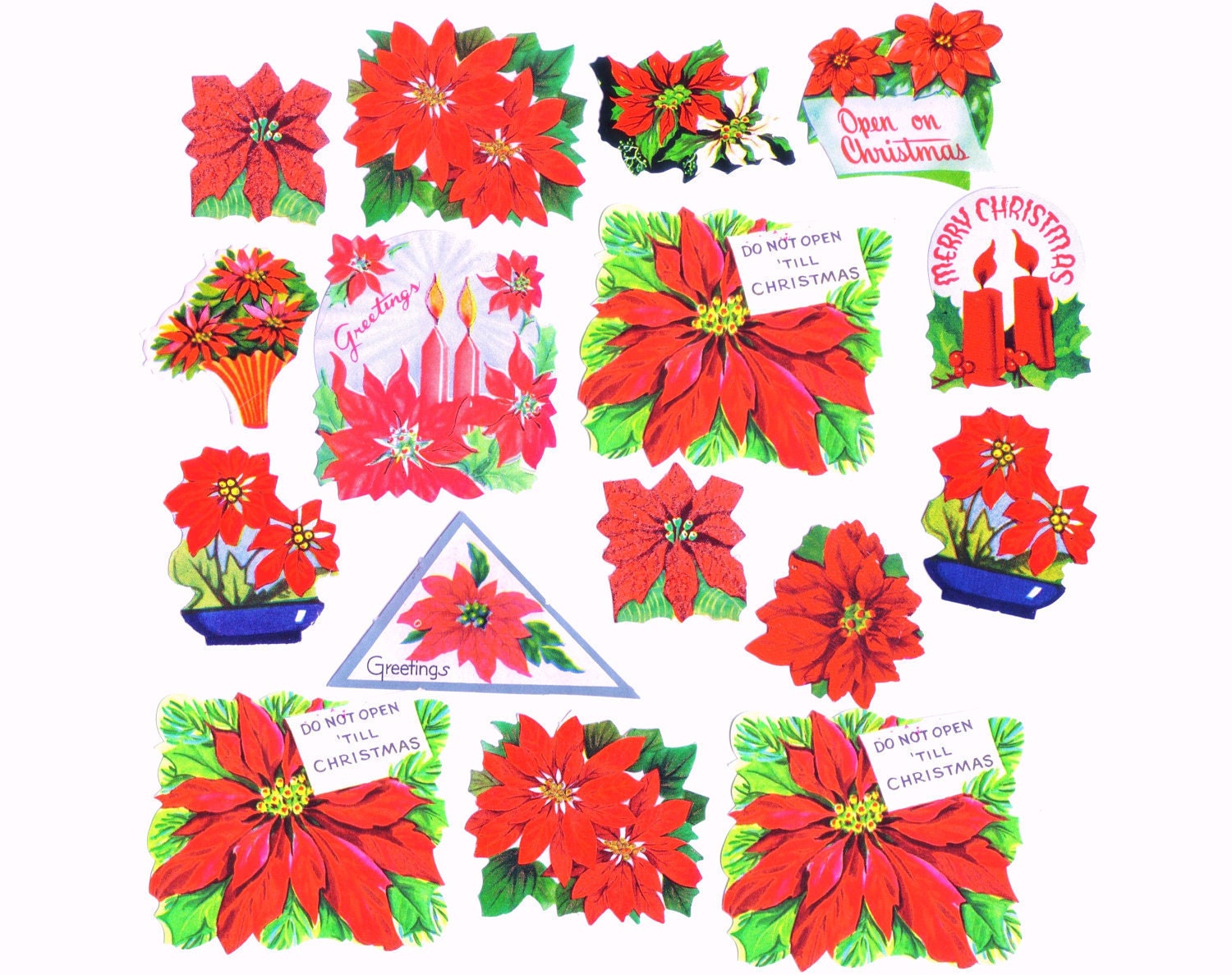 1950s CHRISTMAS STICKERS / Seals - Elegant Poinsettias - Vintage Set Of 16