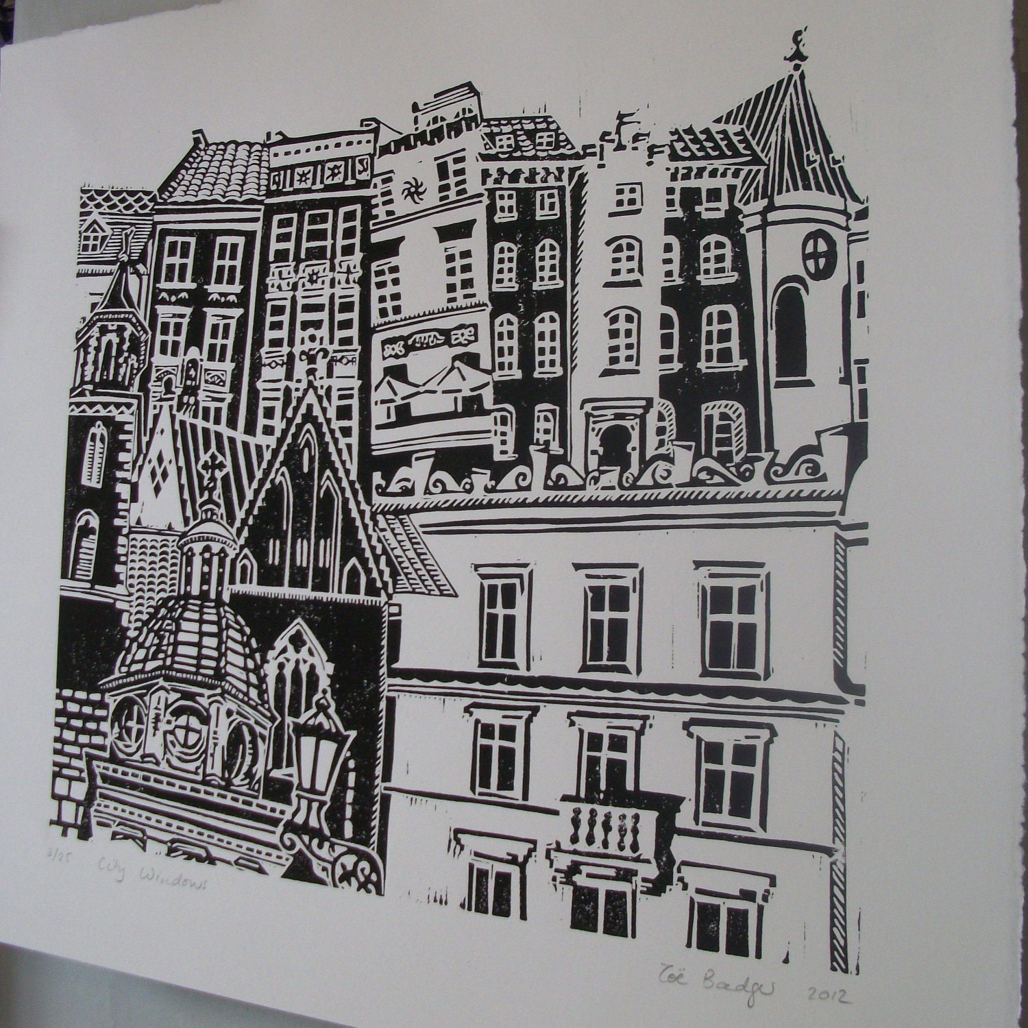 City Windows linocut print.