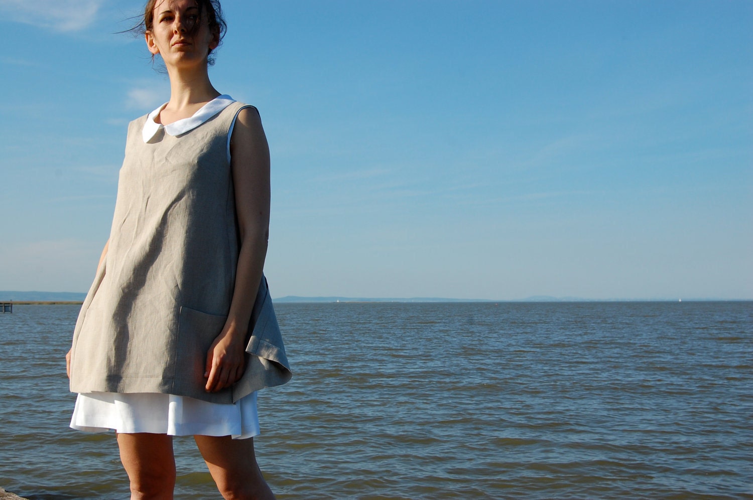 linen apron dress beige