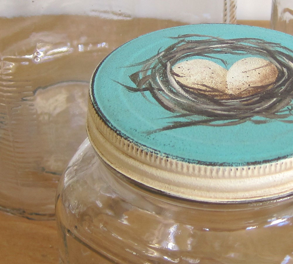 1 Quart French Country Farmhouse  Vintage Style Storage Jar  Canister  Hand Painted  Aqua Blue with Nest