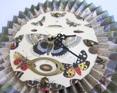 Natural History Butterfly Paper Wall Clock with Vintage Book Pages Green and Aqua