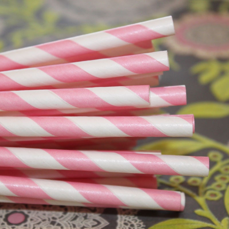 200 Pink Striped Paper Straws with Printable Straw Flags, Drinking Straws,  Soda,  Wedding, Baby Shower, Birthday