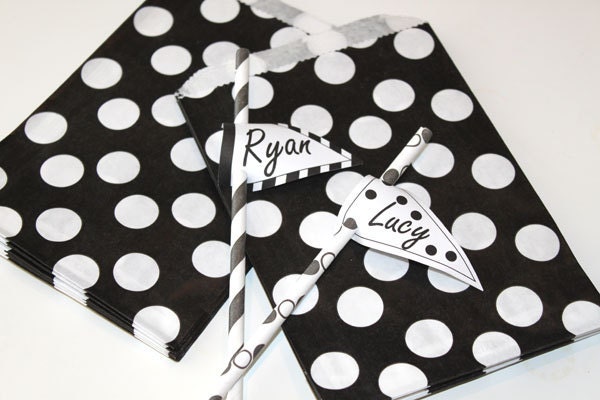 24 Favor Bags Black with White Dots, Party, Wedding, Candy Buffet, Bakery Bags, Food, Package