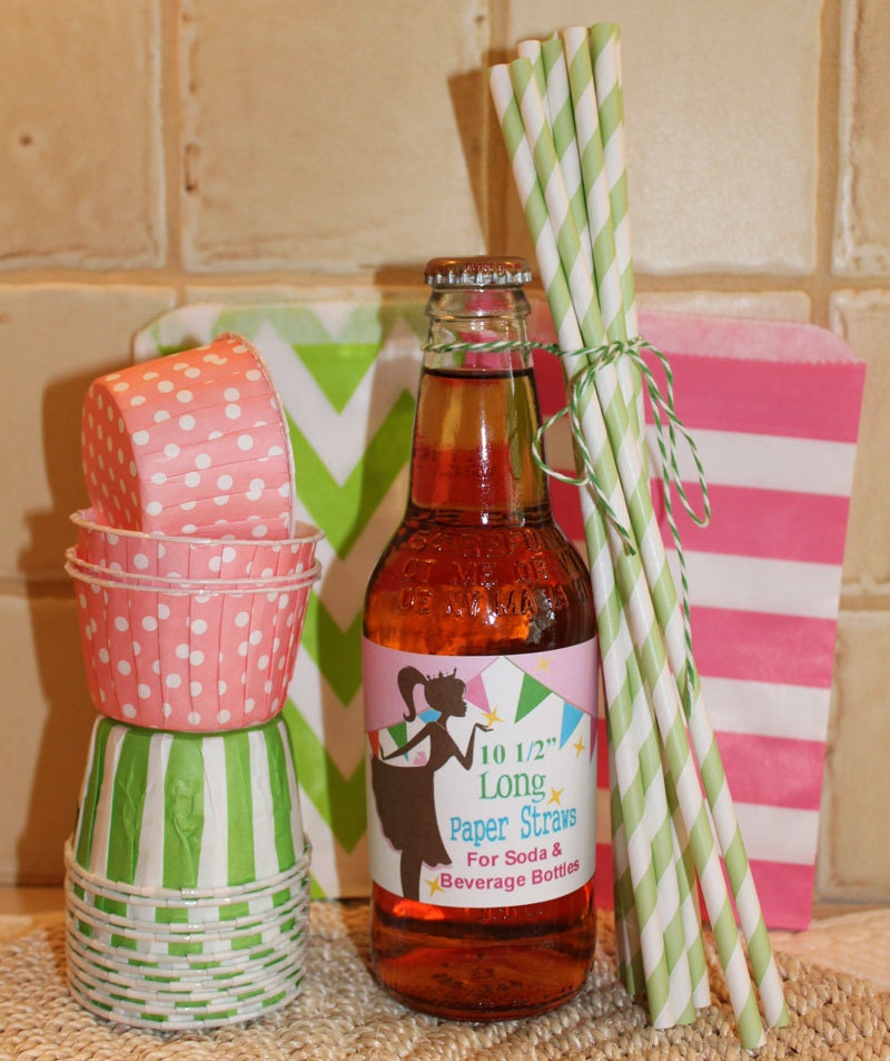 25 LONG GREEN Striped Paper Straws with DIY Printable Straw Flags, 10 1/2 Inches long Paper Straws for Tall Soda Bottles