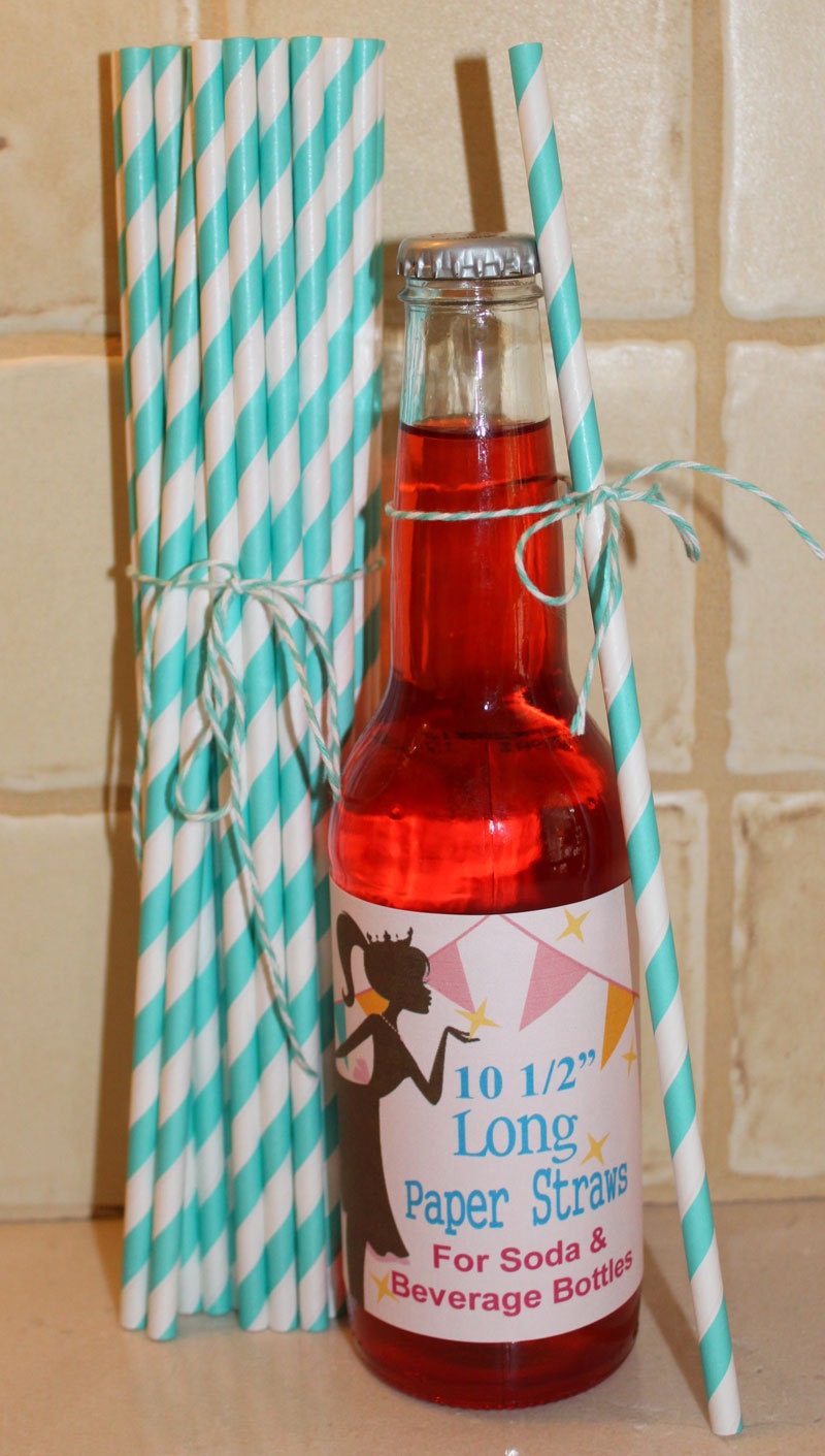 25 LONG PAPER STRAWS  - 10 1/2 Inches Long Aqua Striped Paper Straws for Tall Soda Bottles - Wedding, Party, Beverage Bar, Made In Usa
