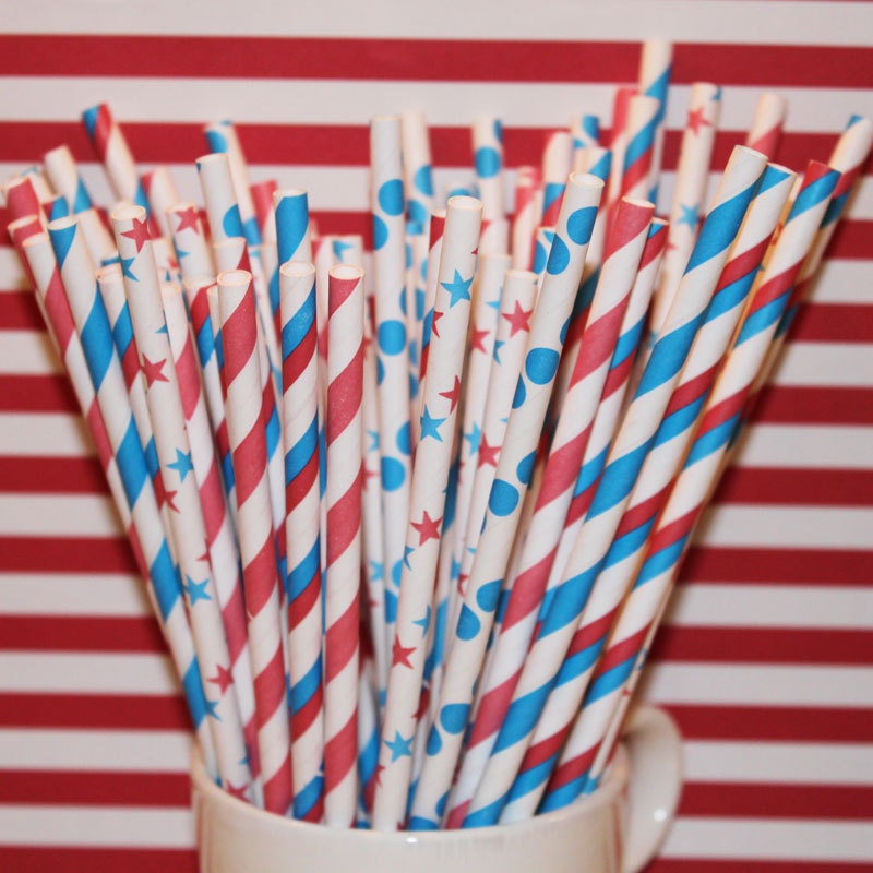 Paper Straws, 30  RED, WHITE and BLUE Striped Paper Straw Assortment, Party, Americana, Election, Summer, Cookouts, Fourth Of July