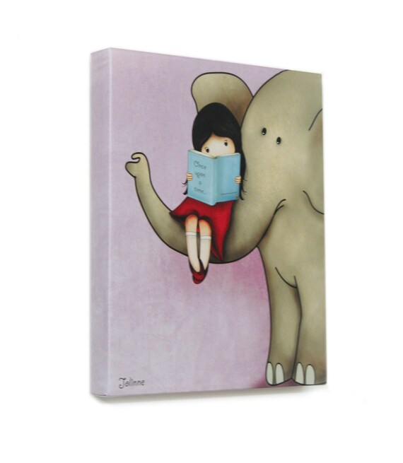 Kids room decor nursery wall art children room picture - girl reading a book on an elephant, canvas wall art kids