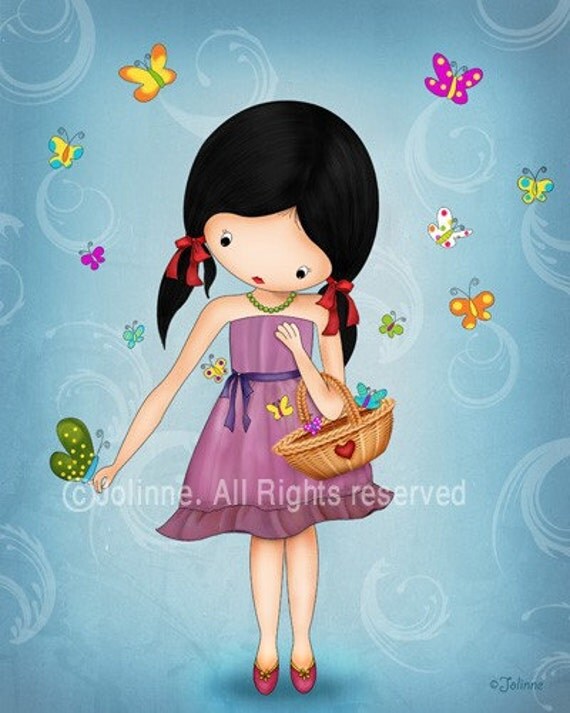 Pink wall art print girl and butterflies children wall hanging digital reproduction Nature inspired colorful room decor