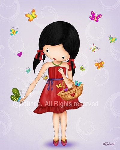 Pink wall art print girl and butterflies children wall hanging digital reproduction Nature inspired colorful room decor