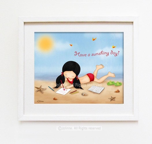 Children art print sunshine beach illustration for girls room or nursery decor