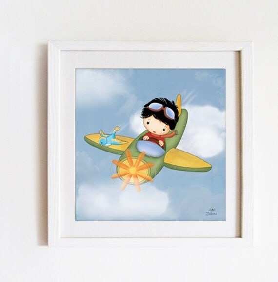 Boys wall art, nursery decor, kids room art, boy, airplane,  SQUARE Original illustration art print, bird