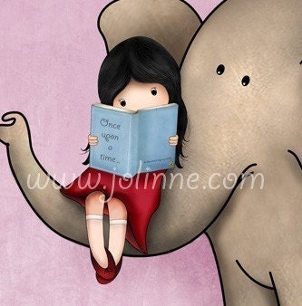 Elephant Nursery decor wall art - girl reading a book on an elephant, children room art print, nursery art prints