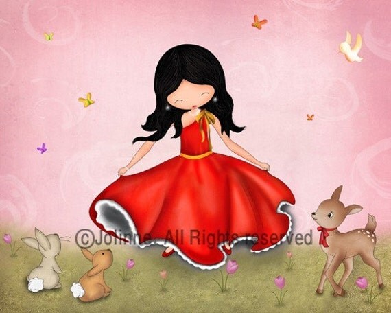 Children art print poster for girls room happy illustration for kids nursery wall art dancing with bunny