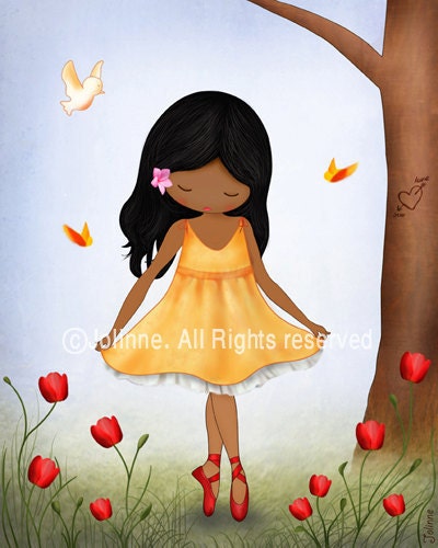 Children art print, kids room decor, nursery art, African american dark skin girl dancing