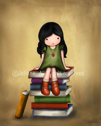 Art print for girls room or nursery , children housewares , purple room art,  girl sitting on books library children room decor