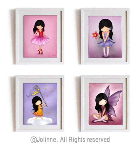 Girls nursery wall art print poster, kids room decor, art for kids, children art prints set on sale, pink purple room decor, fairy angel art