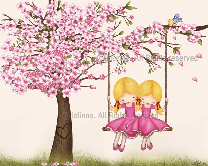 Girls room wall art picture, kids wall art, cherry blossom tree, pink, nursery decor, girl swinging from a tree, children decor