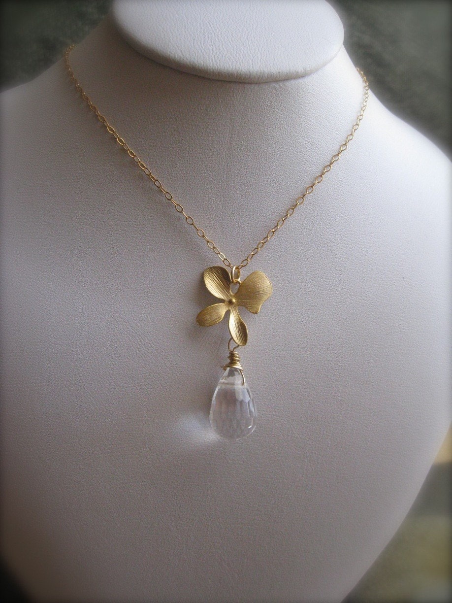 Clear quartz necklace orchid Flower - wedding