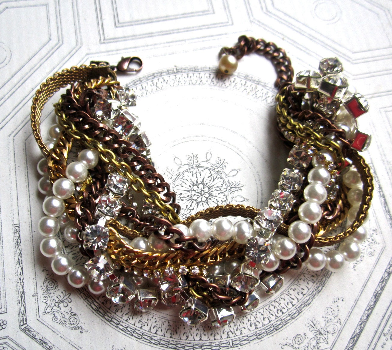 Mixed Metal, Copper and Crystal Rhinestone & Pearl Gold Chunky Cuff Bracelet Twisted Bridal Cuff - Twisted Sista