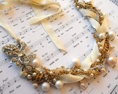 Bridal Pearl Statement Necklace Vintage Brooch Rhinestone Ivory Ribbon & Gold Twisted Necklace Hollywood Regency - Tie Me Down Necklace