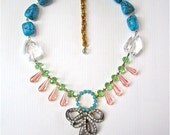 Rhinestone Brooch Necklace Vintage Turquoise Bridal Wedding Statement Necklace Bow Pink Blue Green - Old School Wrap