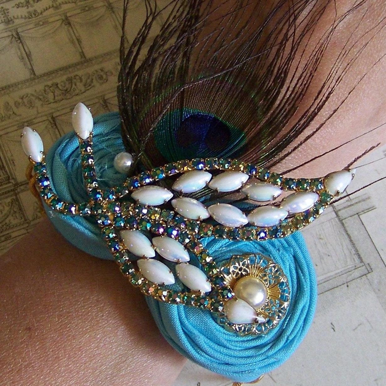 Wrist Corsage Bracelets Flower Vintage Brooch Cuff Bridal Fabric Flower - Jewel Tone