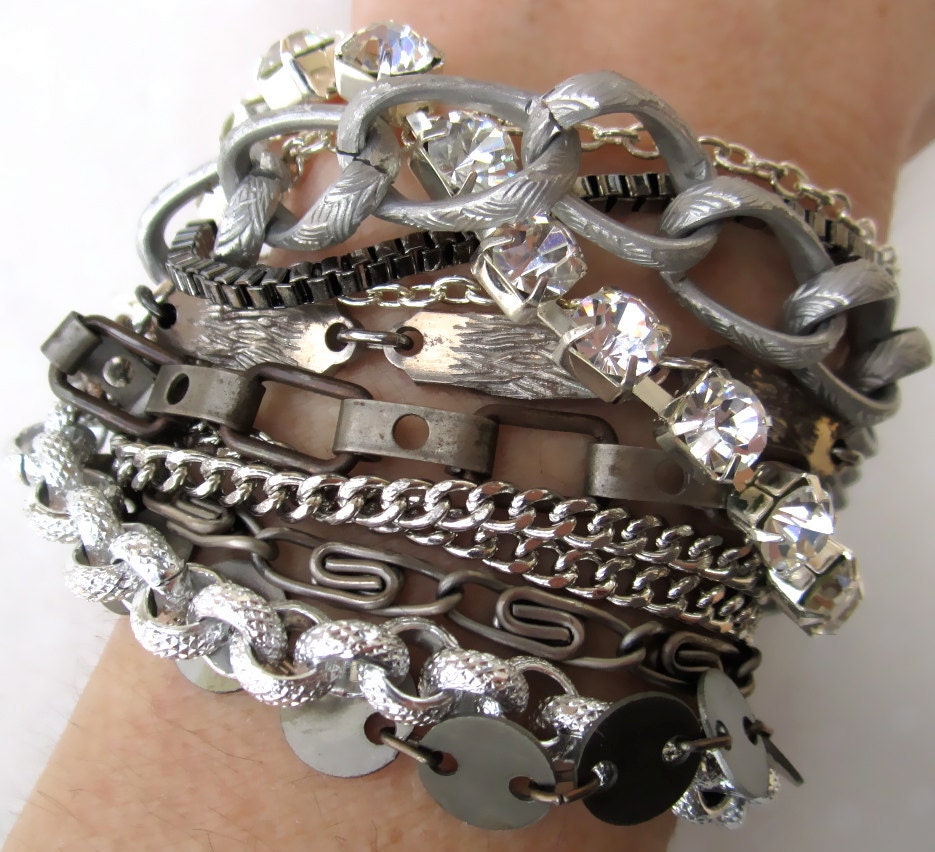 Mixed Metal Bracelet Silver Gunmetal Vintage Wedding Chain Bracelet Industrial - Silver Circus Bracelet