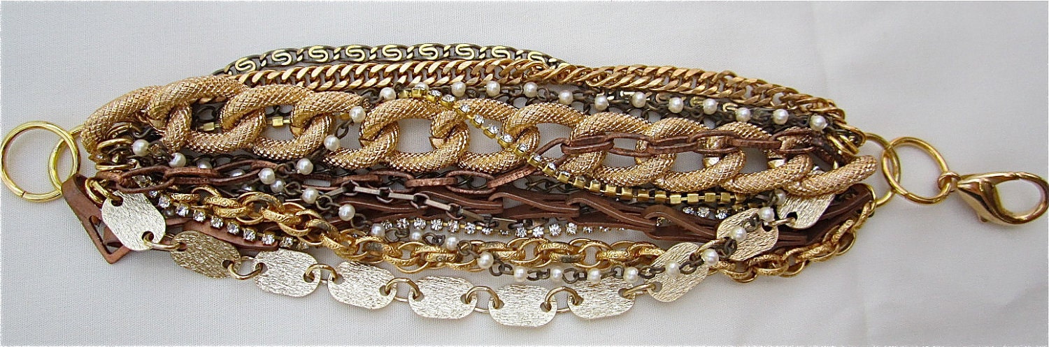 Multi Strand Bracelet Gold Mixed Metal Vintage Chunky Copper Cuff with Rhinestones and Pearls Bridesmaid Bracelet - Golden Ticket Bracelet