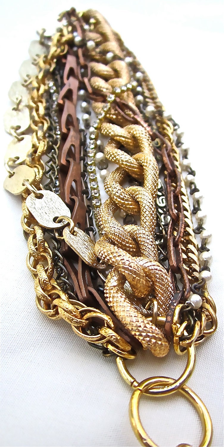 Multi Strand Bracelet Gold Mixed Metal Vintage Chunky Copper Cuff with Rhinestones and Pearls Bridesmaid Bracelet - Golden Ticket Bracelet