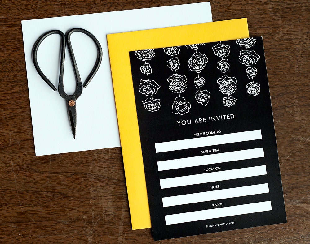 Black and White Floral Garland Fill-In-The-Blank Invitation Set