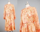 1970s dress / pink floral boho style / medium large