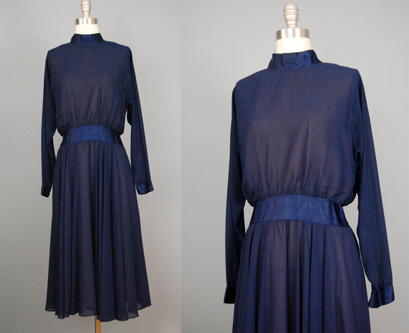 Vintage 1970s MIDNIGHT COBALT Jerry Silverman boho chiffon dress sm med